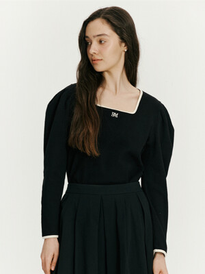 Square neck ribbed puff top - Rich black