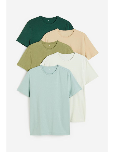 티셔츠 - 에이치엔엠 (H&M) - 슬림핏 티셔츠 5장 세트 베이지/카키 그린 0624684027