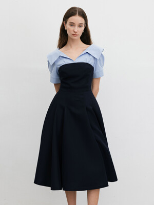 JENNIFER Shirt layered midi dress  (Deep navy/Camel beige/Black)