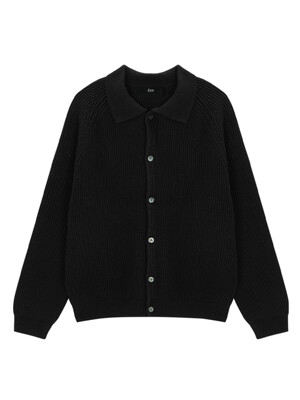 Bold Rib Raglan Collar Knit Cardigan - Black