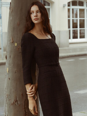 COURTNEY Square neck H-line tweed long dress (Ivory/Black)