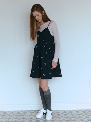 RIBBON EMBROIDERED BUSTIER DRESS_NAVY