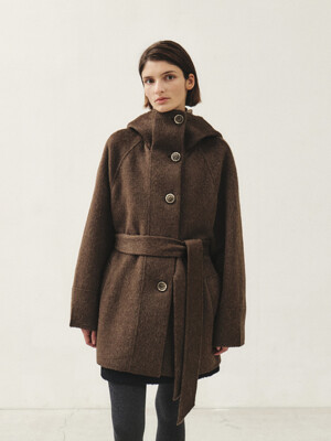 RTF CASHMERE SILK HOODED HALF COAT [HAND MADE]_BROWN