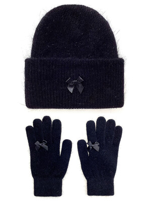 Ribbon Angora Beanie &Gloves [Black Ribbon]