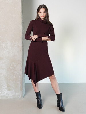 Unbalanced-hem high neck midi dress(BURGUNDY)