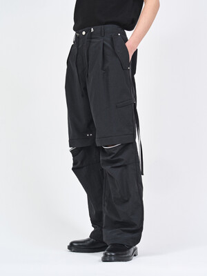 OPEN KNEE ONE TUCK PARACHUTE PANTS BK