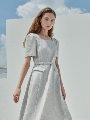 [단독] MAELLE Square Neck A-Line Tweed Dress (White)