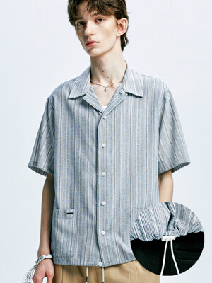 2way yukata stripe open collar half shirt grey