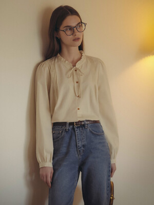 Neck frill ribbon cotton blouse_Butter