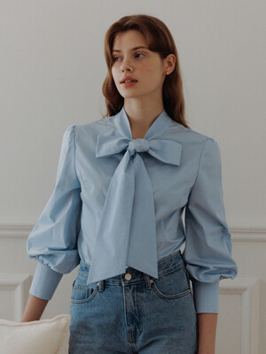 JODIE Ribbon tie cotton blouse (Light blue/Ivory)