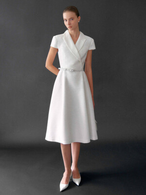 VERONICA Peaked collar capsleeve flared midi tweed dress (Minty blue/Ivory/Black)