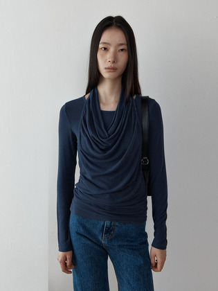 [W컨셉 단독] Leoni Halter Neck Layered T-Shirt_Navy