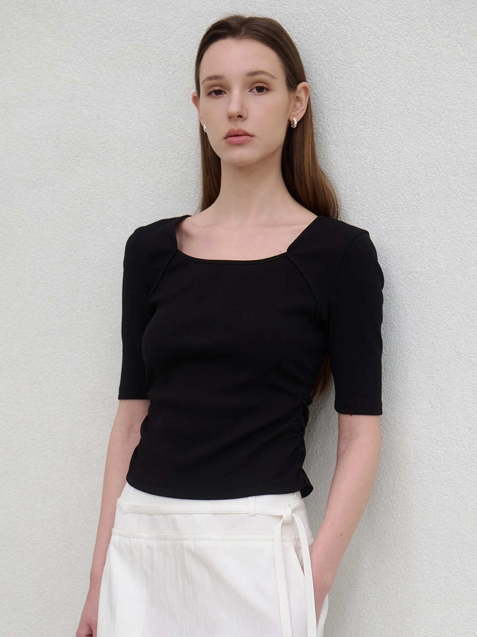 Square-neck Shirring T-shirt_3color