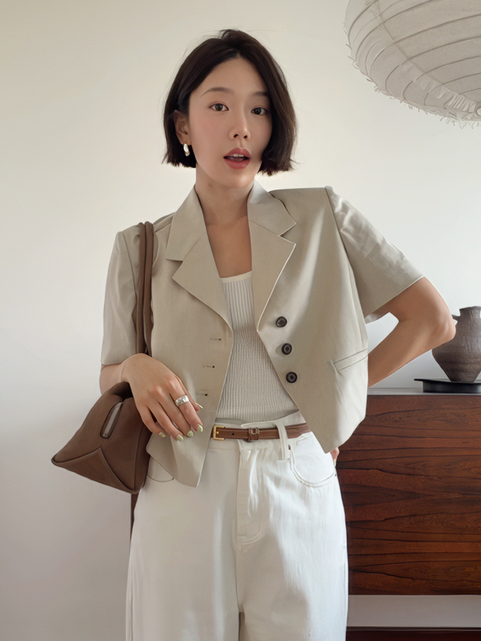 Укороченный льняной жакет ROA LINEN CROP JACKET_BEIGE