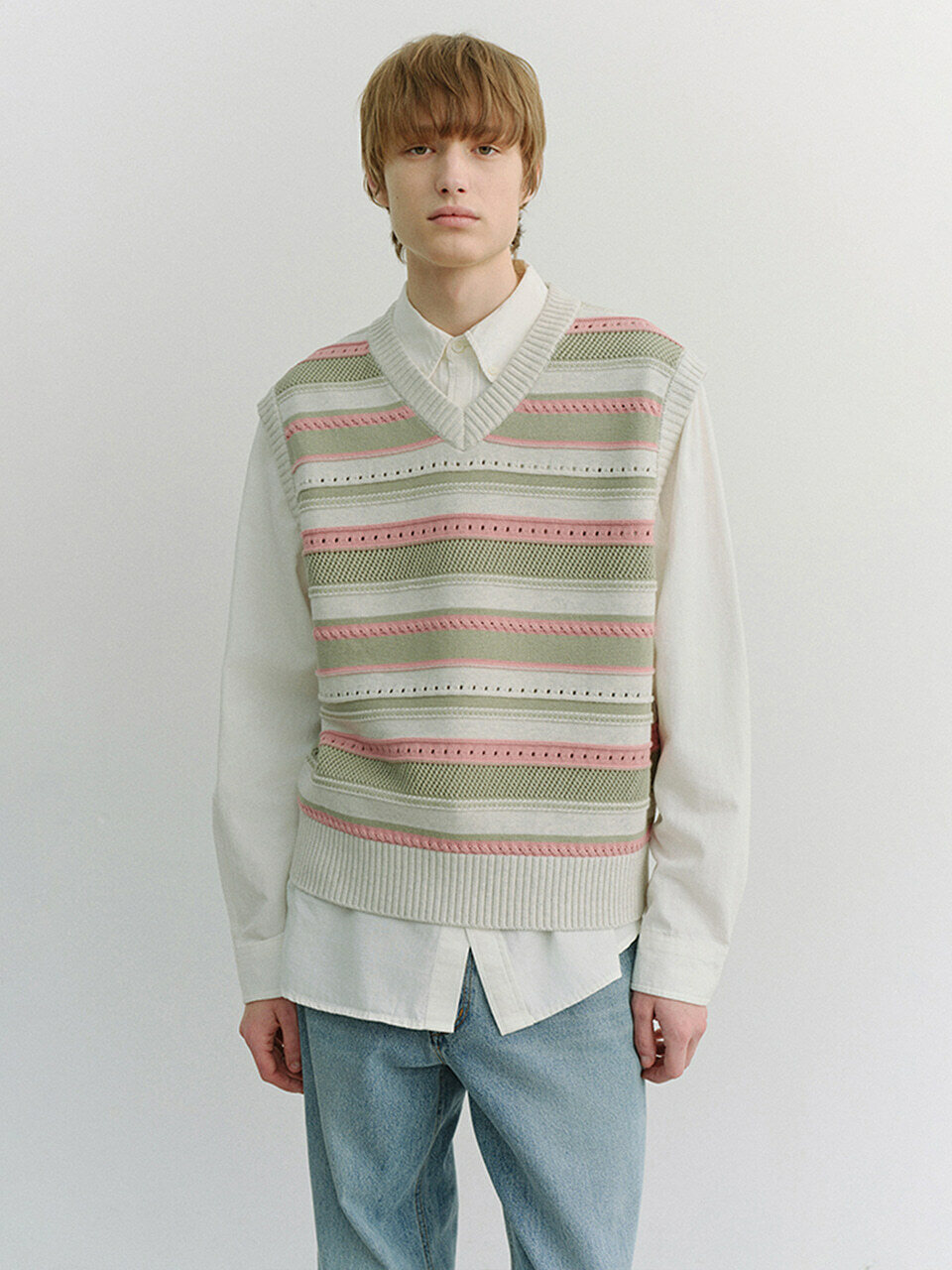 UNISEX CRAFTED STRIPED KNIT VEST IVORY MINT_M_UDSW6B123IV