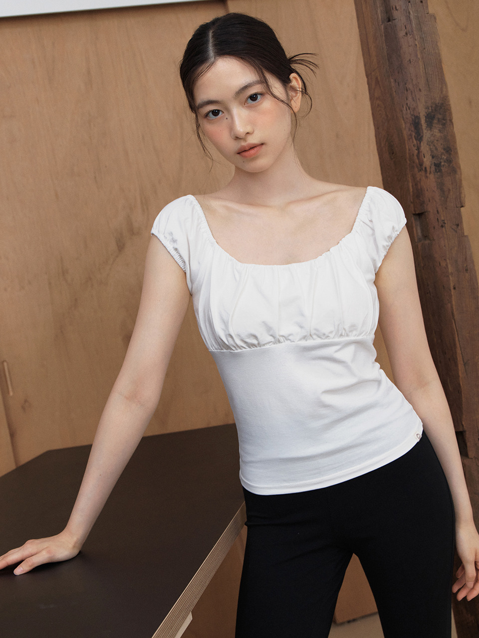 Ruched Scoop Neck Top (White)