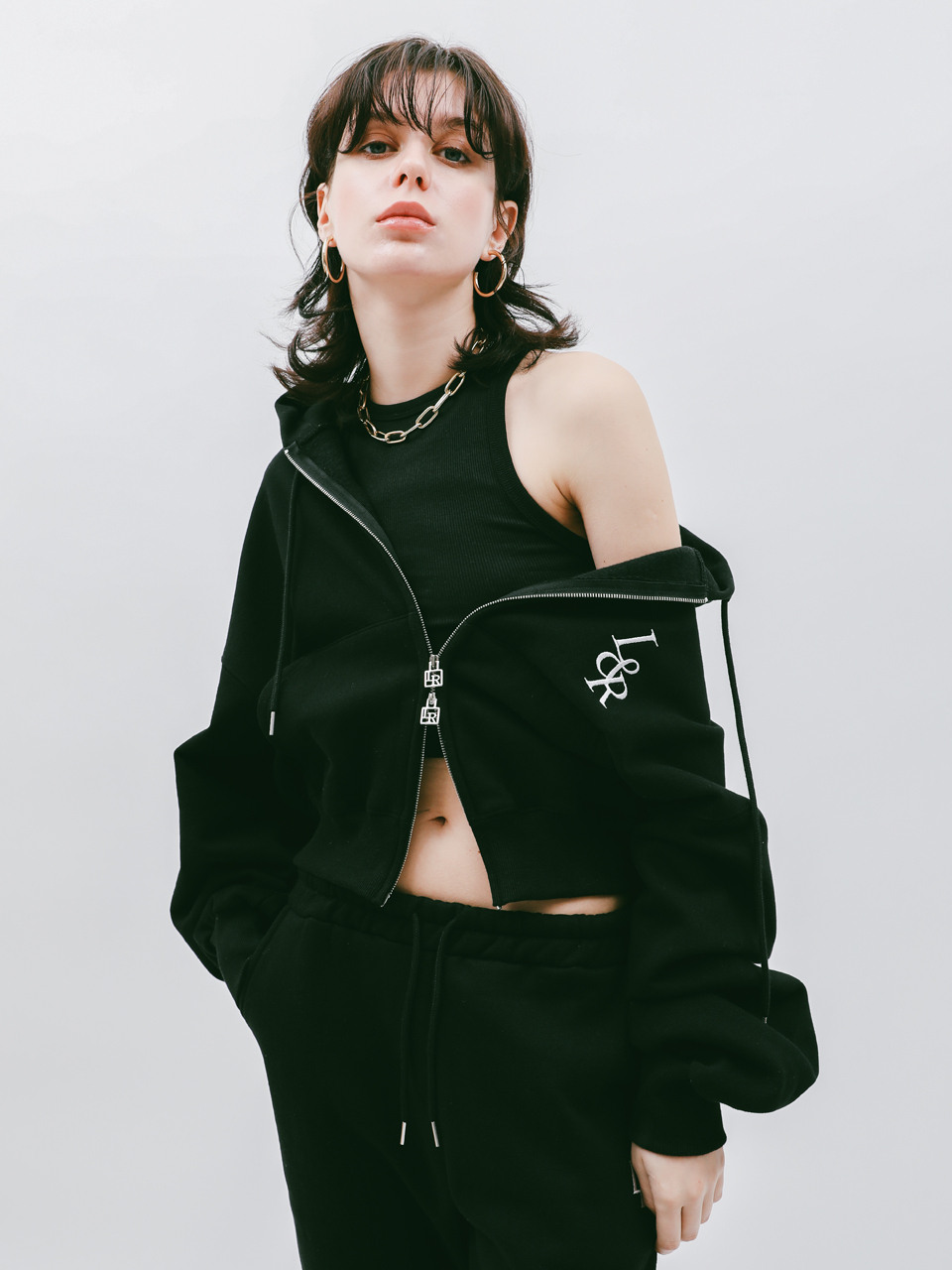 LOSSYROW ロッシー ビッグロゴ クロップ フード ジップアップ ブラック