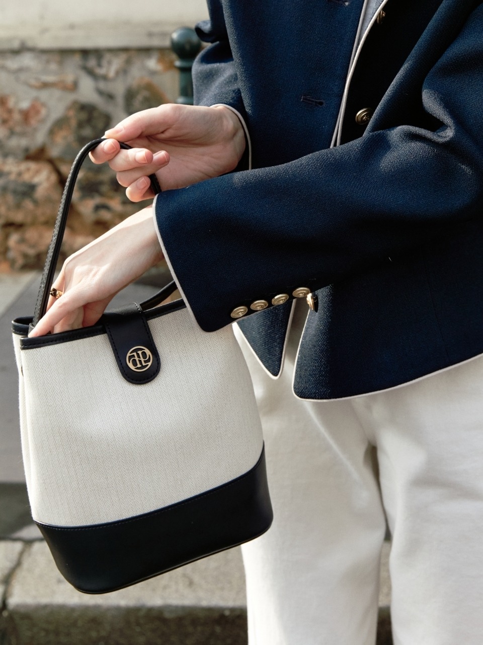 드파운드]town bag (bucket shoulder) - herringbone ivory