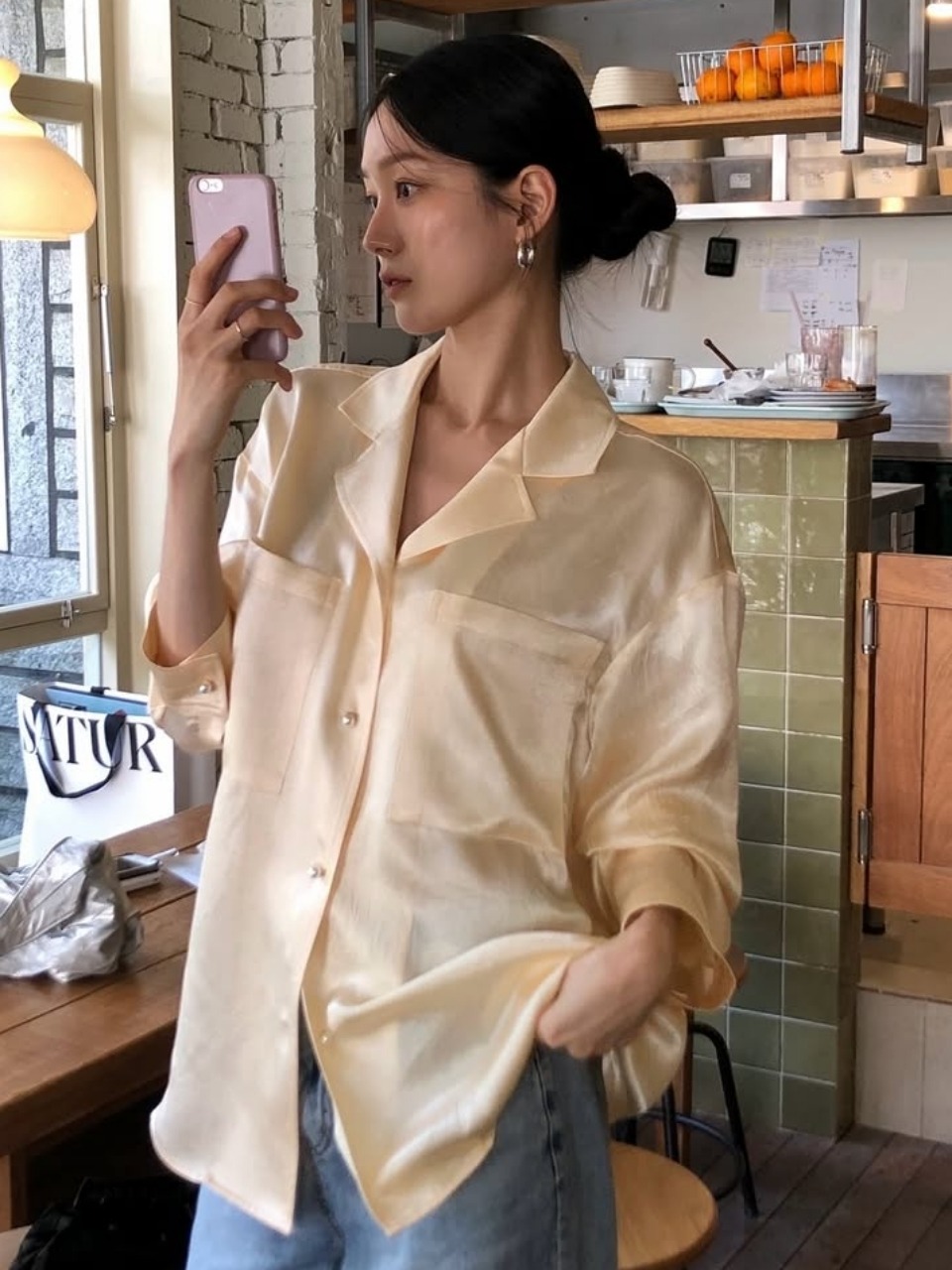 PEARL OPEN COLLAR SHIRT - CREAM
