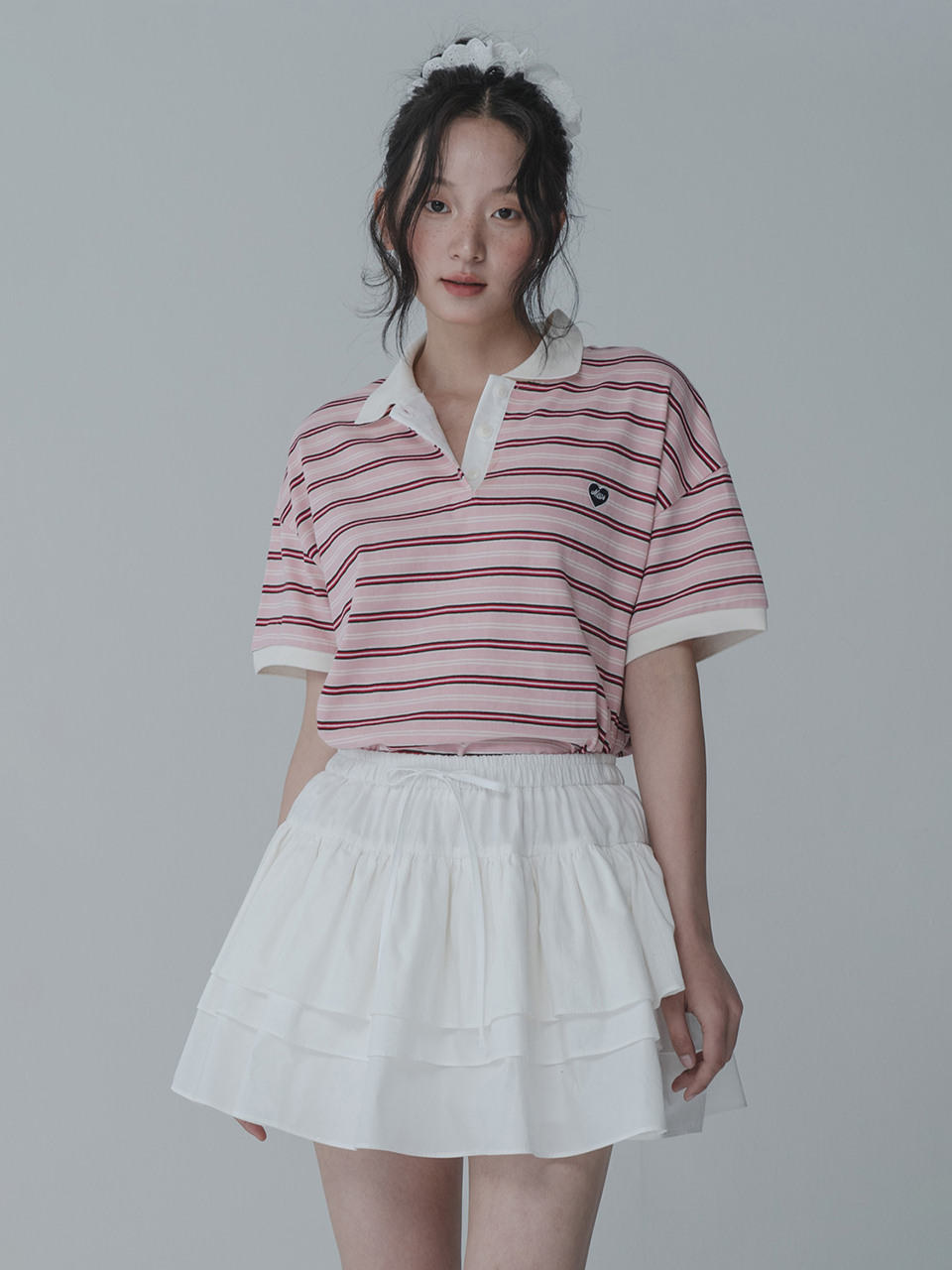 HEART RUGBY COLLAR TSHIRT, PINK