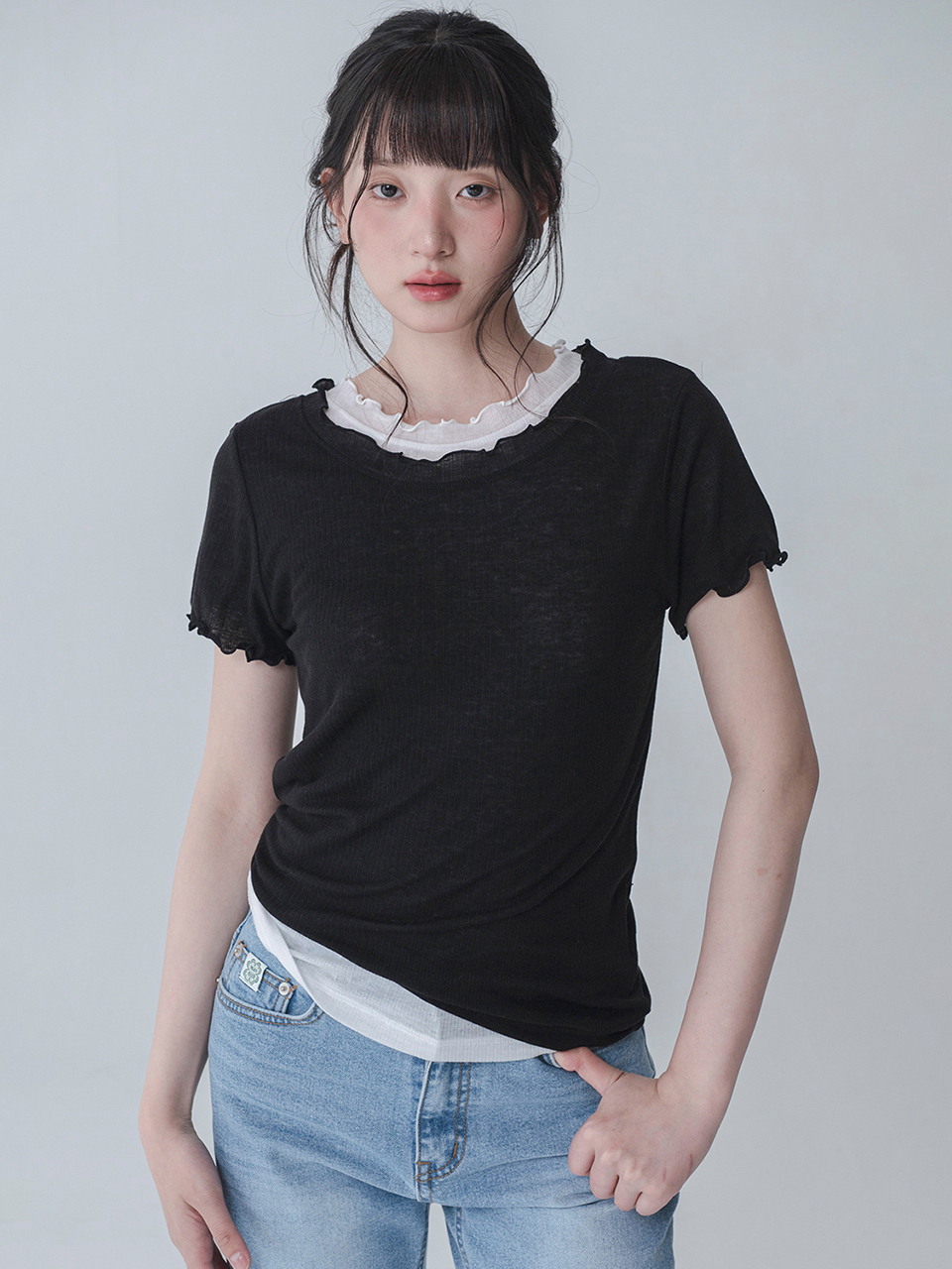 [1+1]SORBET SEE-THROUGH SHIRRING T-SHIRT_5COLOR