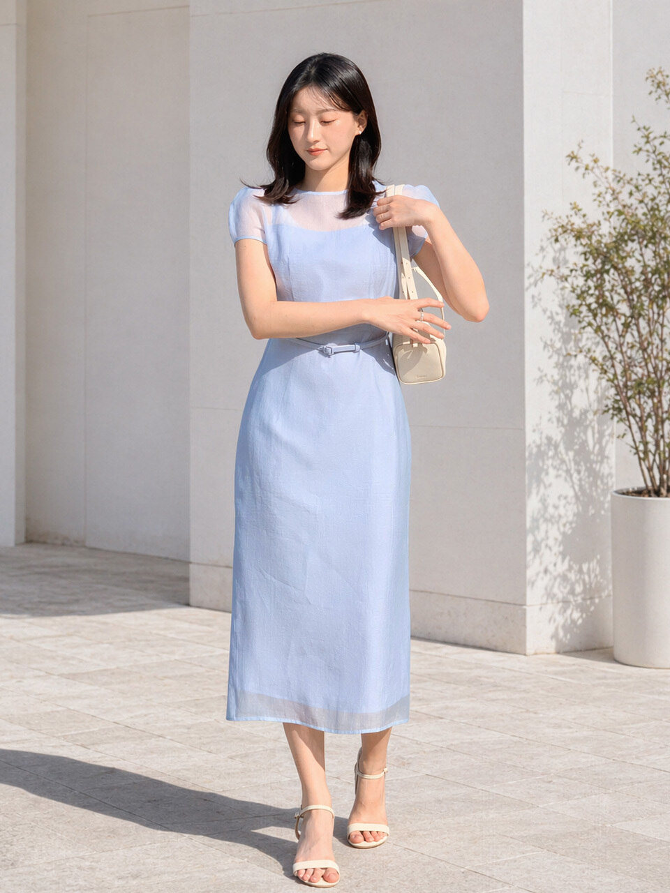 Chiffon Puff Cap-Sleeve Slim Dress / Blue(2color)