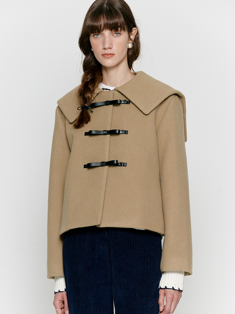 人気【BEMUSE MANSION】RIBBON BUTTON SAILOR HALF COAT Ribbon button sailor half coat - Black - 비뮤즈맨션