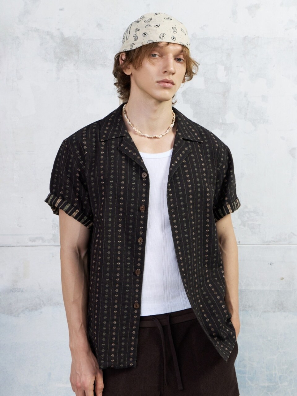 Men Jacquard Short Sleeved Shirt, Dark Brown