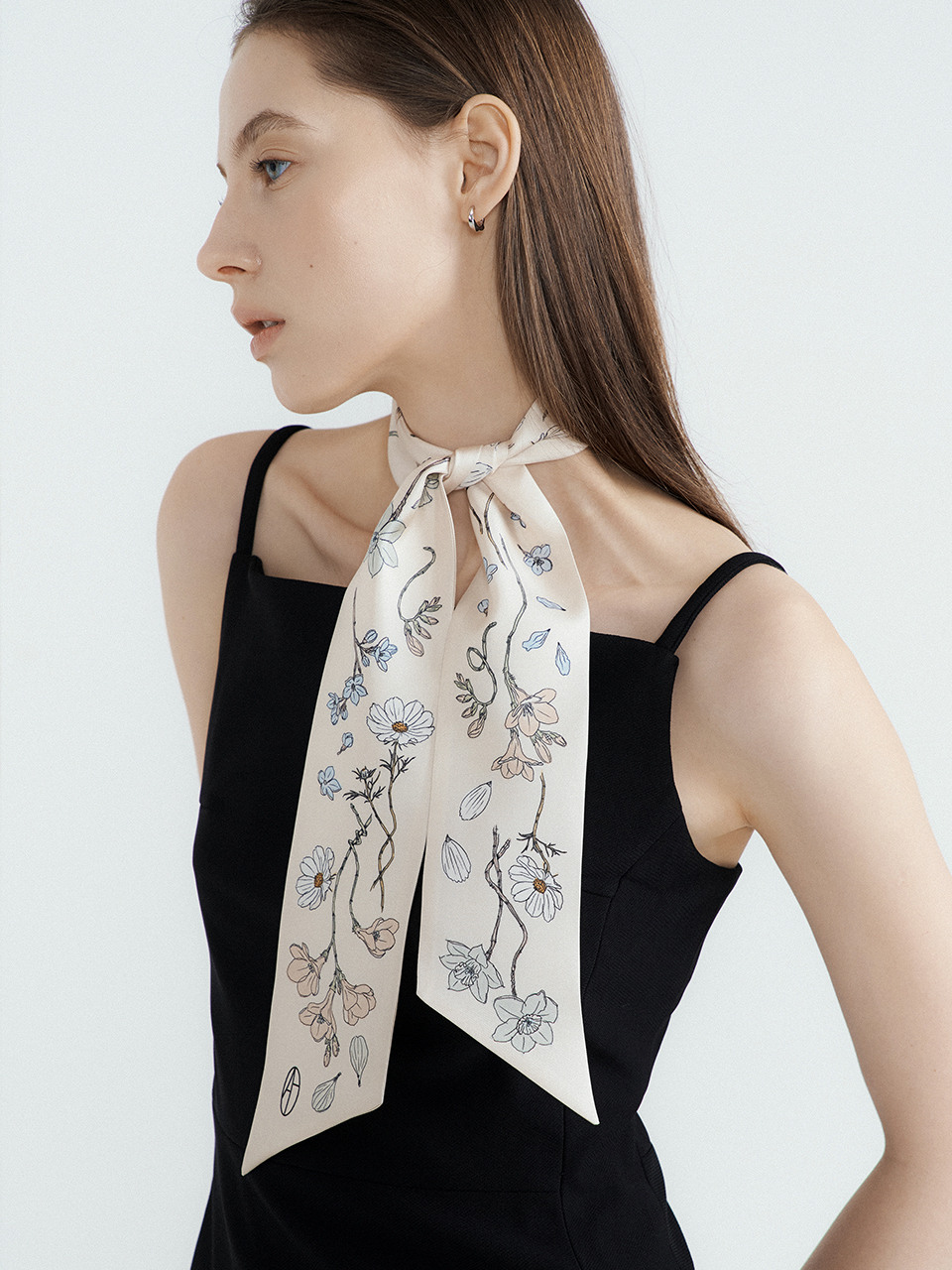 Atelier Bloom Long Twilly Silk Scarf - Warm Ivory/Green Tea