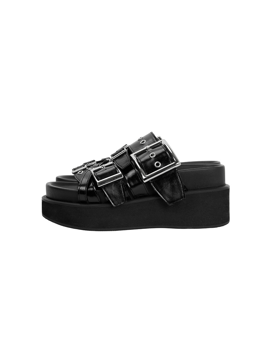 Bold Buckle Flatform Slides [ Black ]