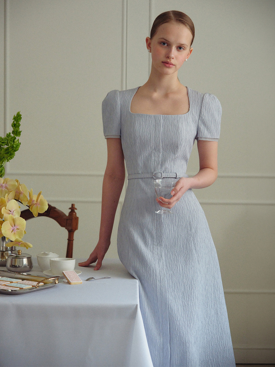 CECILIA Square-neck flared long dress (White/Light blue/Black)