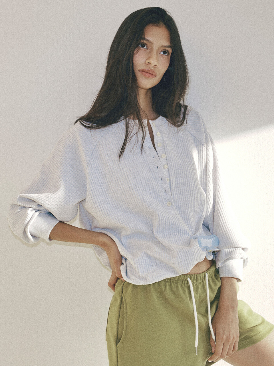 Waffle Relief Deep Placket Sweatshirt светлыйсерый