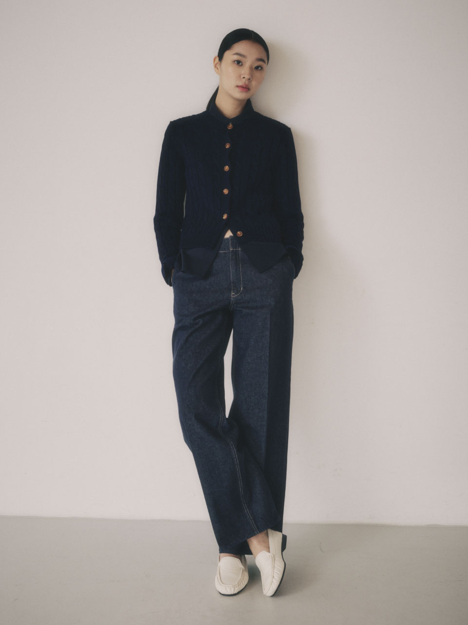 리플레인]DARK NAVY GIZA COTTON CABLE KNIT CARDIGAN