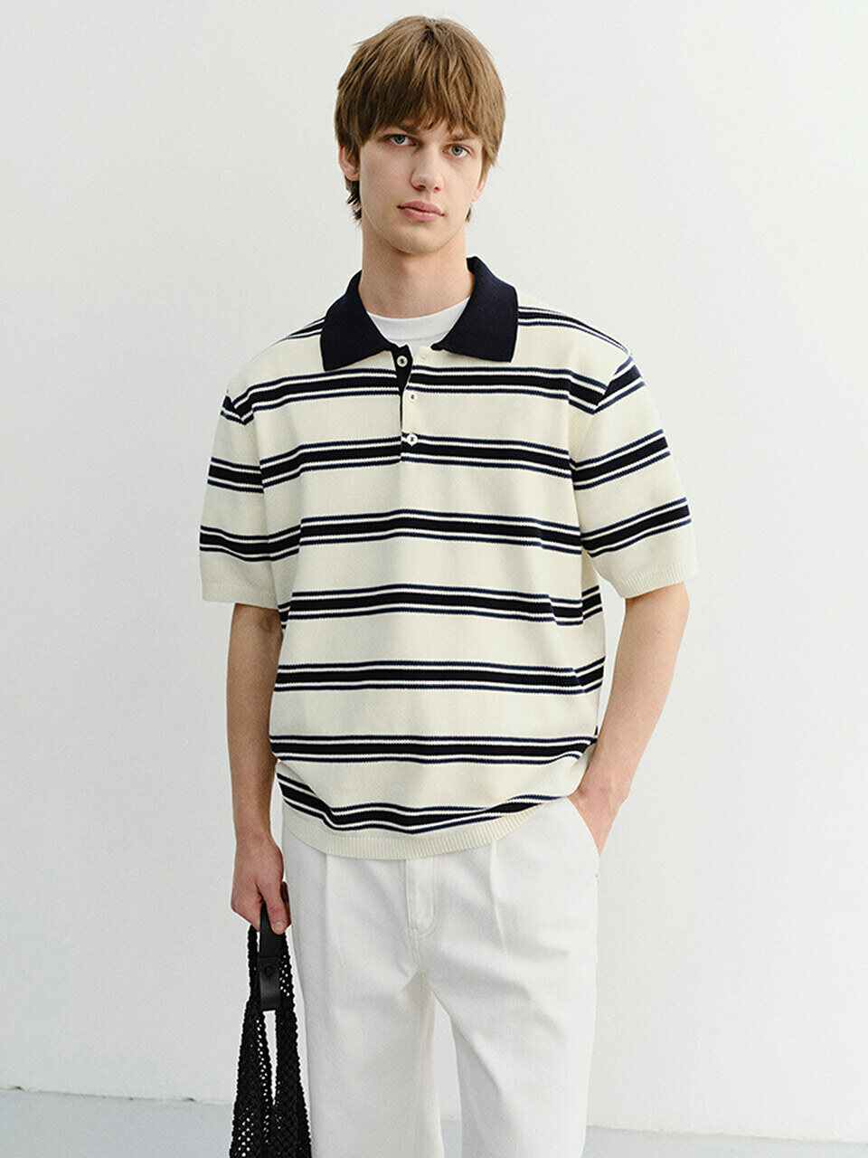UNISEX MULTI STRIPED POLO KNIT CREAM NAVY_M_UDSW6B122CR
