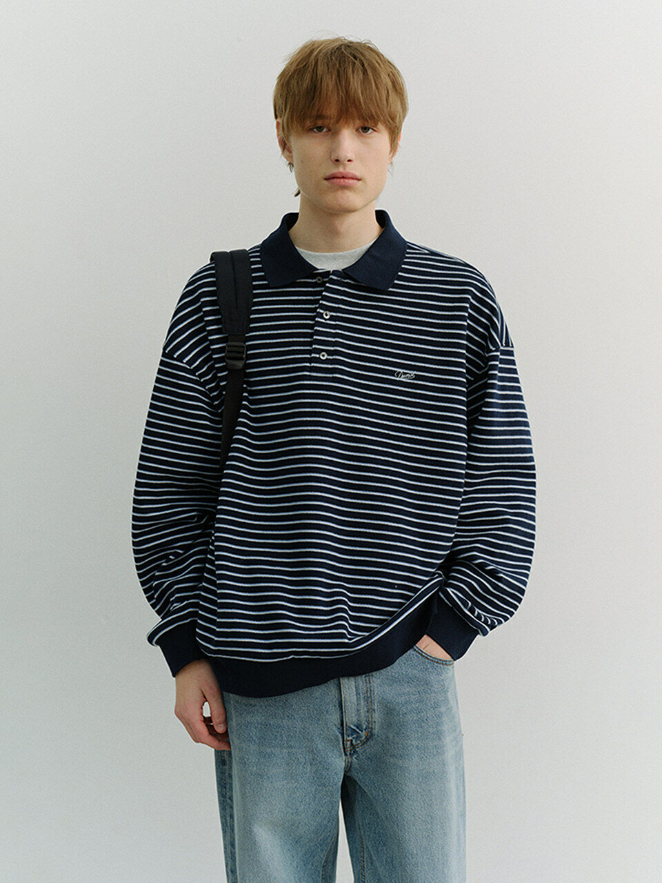 UNISEX STRIPED LOGO COLLARED T-SHIRT NAVY_M_UDTS6A120N2