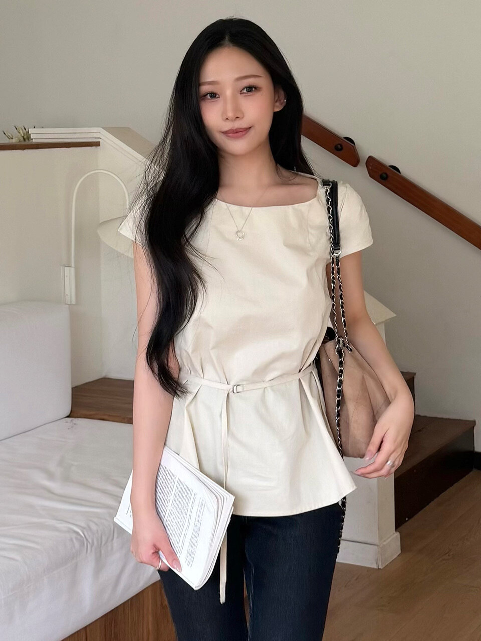 Блузка с коротким рукавом и ровным вырезом_BEIGE