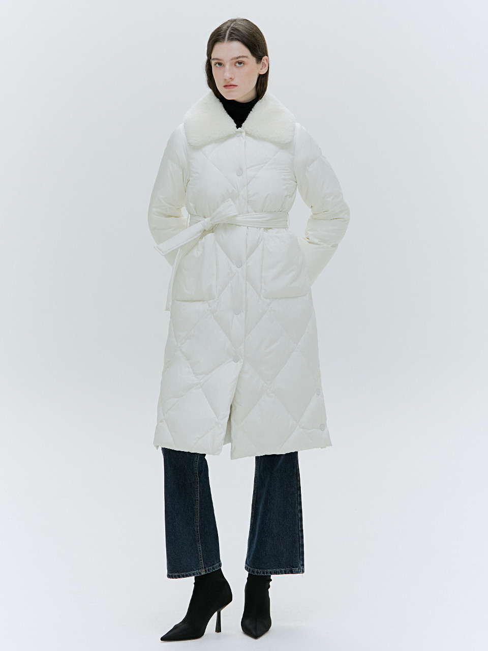 하시에]SHEARLING COLLAR GOOSE DOWN LONG COAT [IVORY][BLACK]