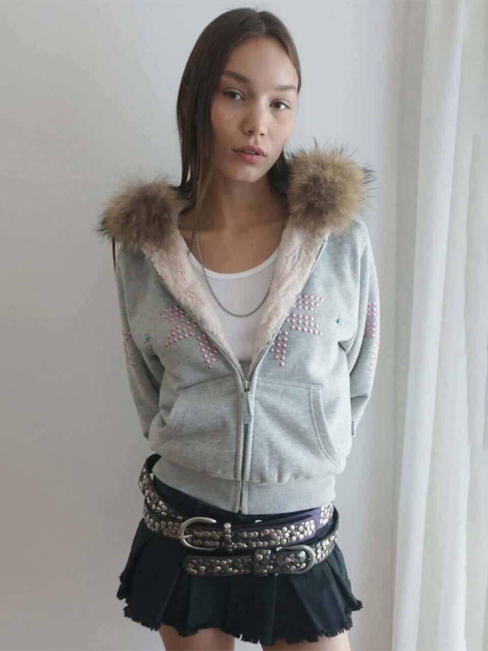 스컬프터]Fur Trimming Hooded Zip-Up Melange Gray