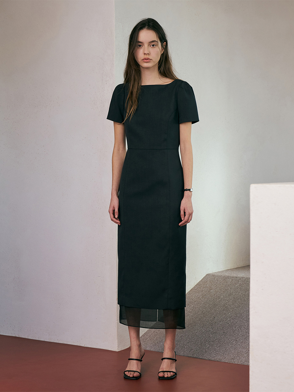 See-through Boat Neck Dress LMBFCO24DR802 - Black