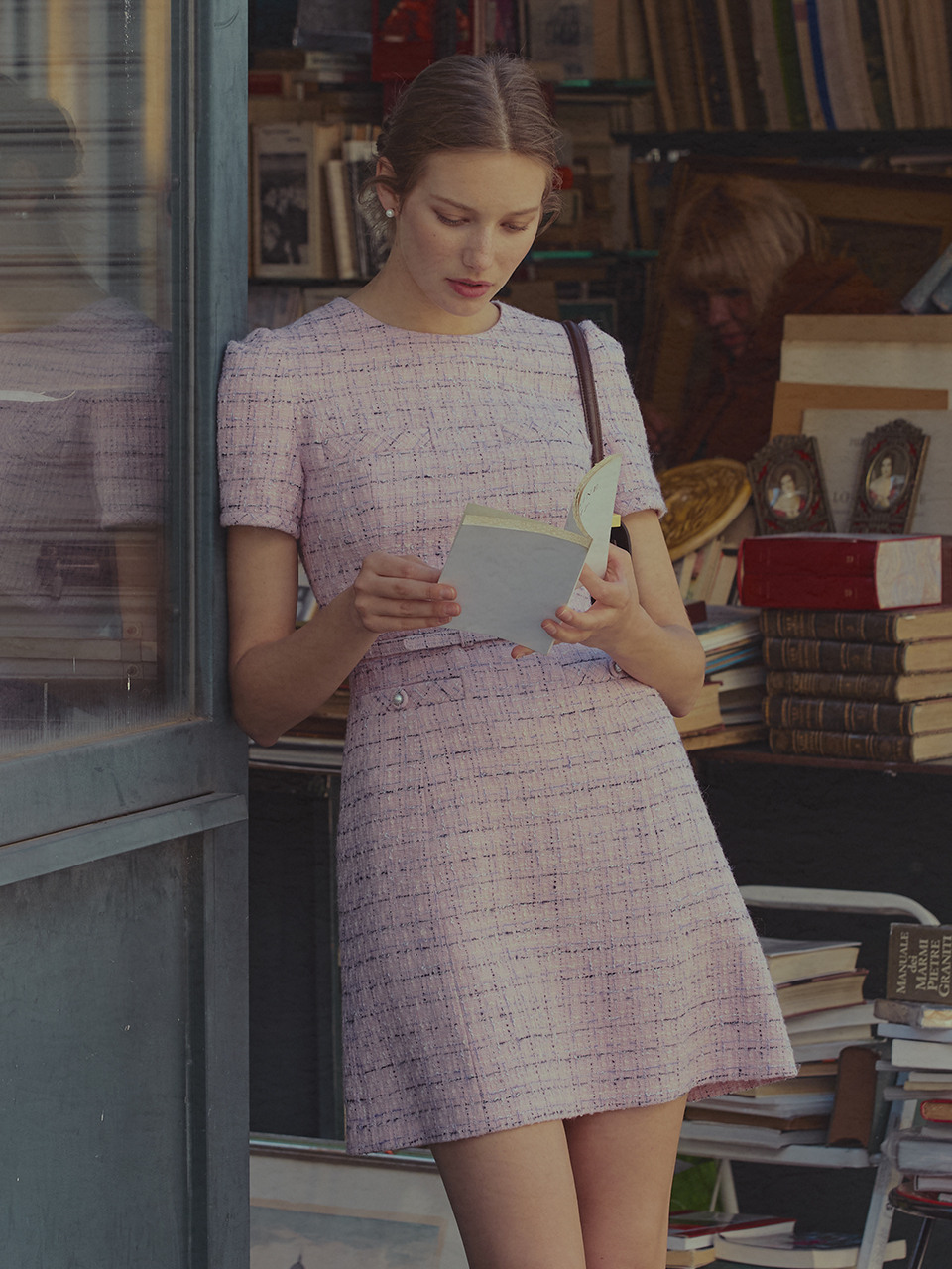 LINDSAY Round neck semi A-line tweed mini dress (Minty blue&белый/Deep navy/розовый)