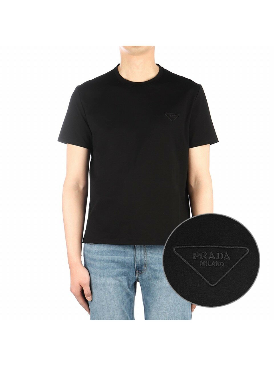 PRADA◇23年製/トライアングルロゴ/刺繍/Tシャツ/XL/コットン/BLK/無地